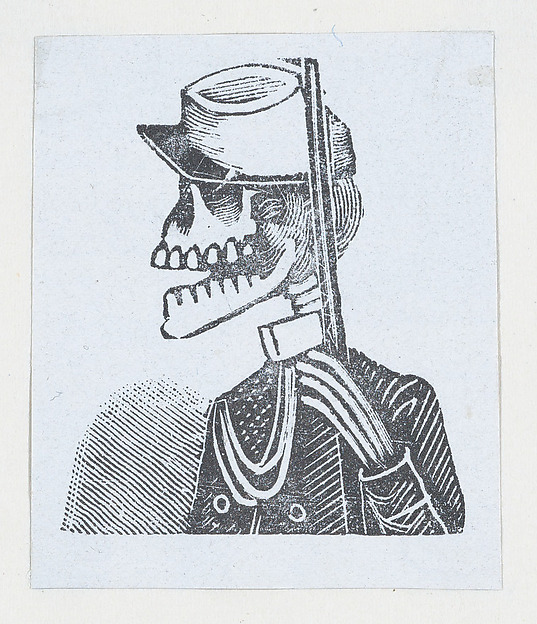 Male skeleton wearing military dress (vignette for the feast of the dead)