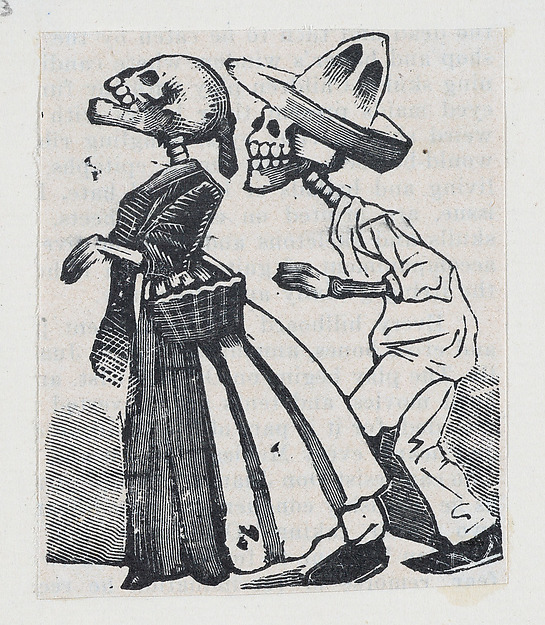 A male skeleton walking behind a female skeleton (vignette for the feast of the dead)