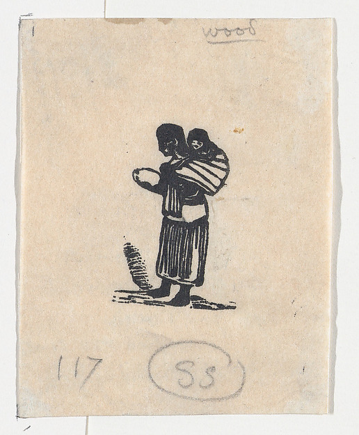 Woman carrying  child on her back