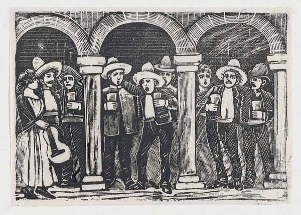 Musicians standing in an arcade having a drink
