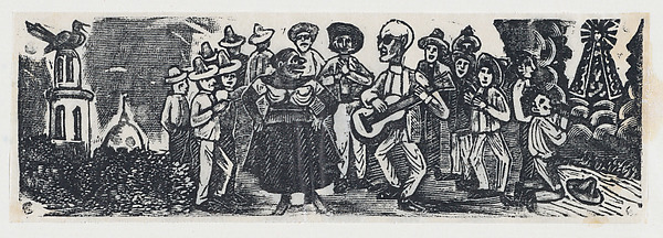 A man playing a guitar serenading a woman, figures surround
