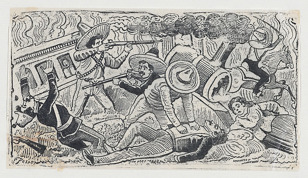 Emiliano Zapata's supporters attacking a train, scene from the Mexican Revolution