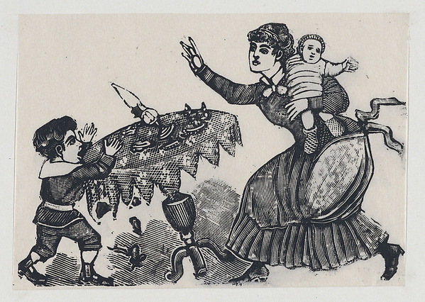 A child tipping over a table, his mother rushing to stop him