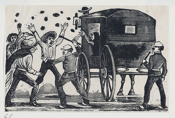 Men fighting near a horse and carriage