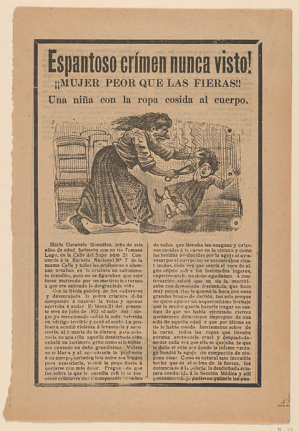 Broadsheet relating to the sensational story of a woman who was worse than wild animals, and a girl with clothing sewn to her body