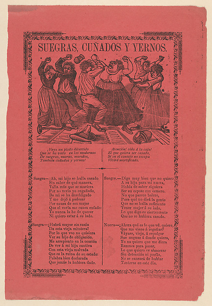 Broadsheet relating to mothers-in-law, brothers-in-law and sons fighting, the words spoken by each in sections below and on verso