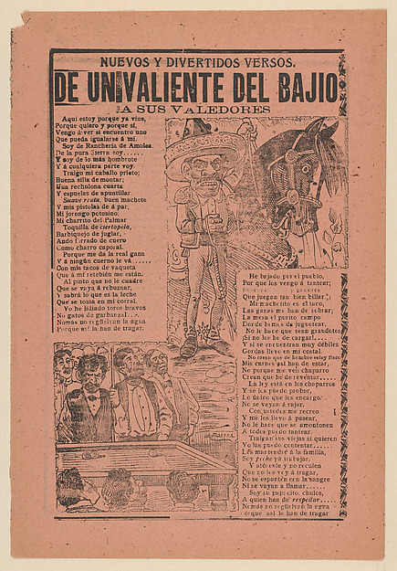 Broadsheet with new and entertaining verses about a 'Brave Man from the Heartland to His Friends' a caricature of a horseman and his horse and a group of men playing billiards