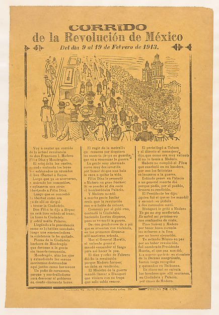 Broadsheet with a corrido (ballad) relating to the Mexican Revolution in the days 9-19 February 1913