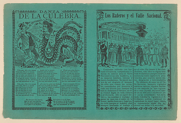 Front and back covers of a phamplet relating to a story 'The thieves and the National Valley' with illustration of indigenous men and women being herded by men in military uniforms towards a train, on the verso 'Dance of the Snake' and a corrida