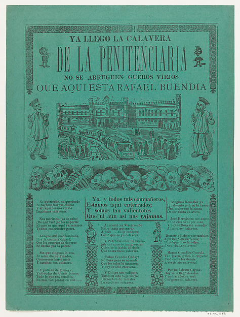 The arrival of the skeletons of the penitentiary (Posada); two skeleton angels in lower corners of verso (Manilla)