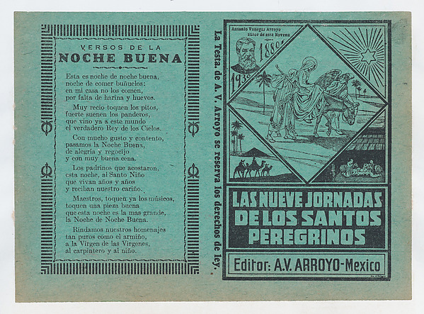 Cover for 'Las Nueves Jornadas de los Santos Peregrinos', Mary on horseback and Joseph being guided through Egypt by an angel by José Guadalupe Posada