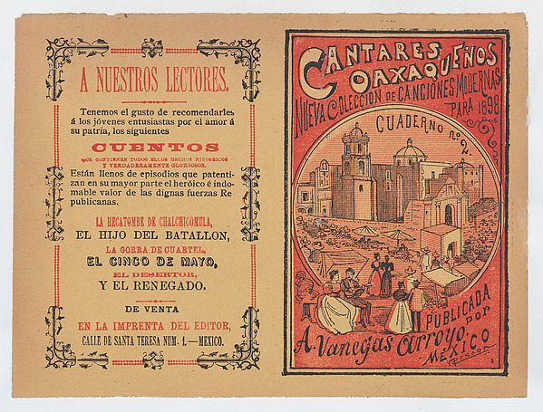 Cover for 'Cantares Oaxaqueños: Nueva Coleccion de Canciones Modernas para 1898', couples walking arm in arm on the outskirts of a town