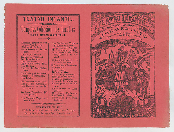 Cover for 'Coleccion de Comedias y Zarzuelitas para Niños', woman on stage flanked by two men
