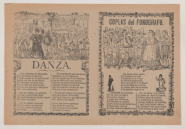 Broadsheet with two different songs showing a group of men huddled around a woman on the left and a group of people holding glasses on the right