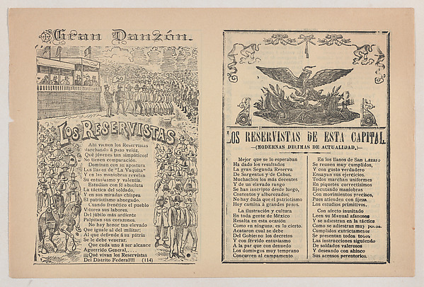 Broadsheet with a song about a military reserve, military personnel in formation