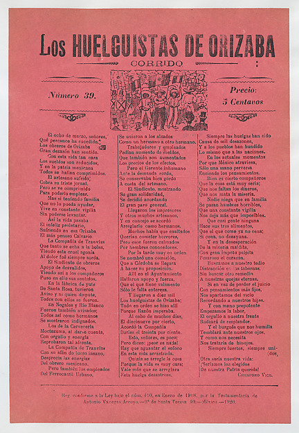Broadsheet relating to a worker's strike in Orizaba, workers holding up the Mexican flag, flanked by soldiers