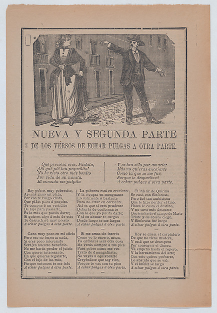 Broadsheet relating to a poor man who is in love with a wealthy woman but cannot provide for her, couple arguing on the street