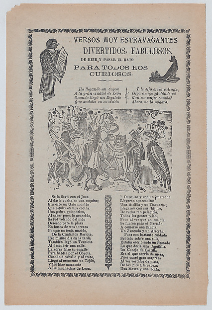 Broadsheet with comic verses, a group of animals wearing human clothes and playing music