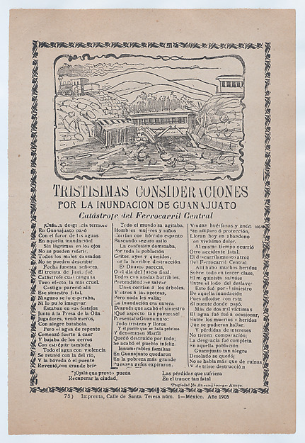Broadsheet relating to a news story about the destruction following a flood in Guanajuato, a collapsed bridge and train car with victims