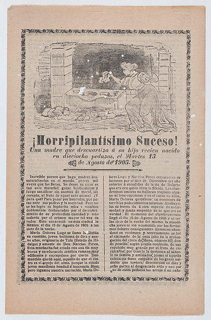 Broadsheet relating to a news story about a young mother who dismembered her newborn, a woman discovering the scene of the crime