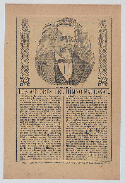 Broadsheet about the authors of Mexico's national anthem, portrait of Don Jaime Nuvo at center