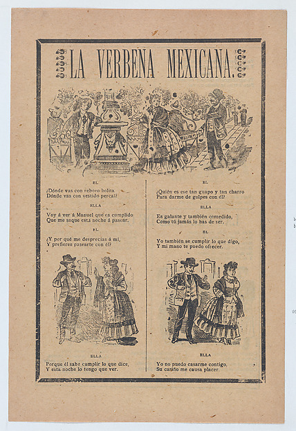 Broadsheet with a verse about a woman who rejects a male suitor for another, vignettes of a woman talking to various men
