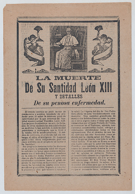 Broadsheet relating to the death of Pope León XIII, he is shown in his study flanked by angels