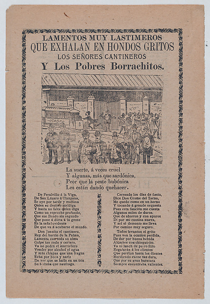 Broadsheet relating to men who frequent bars, different groups of men walking in the streets and one man running after a trolley car