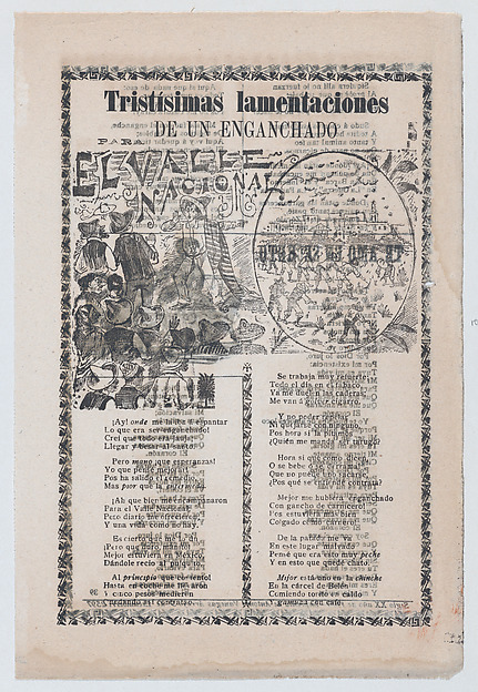 Broadsheet relating to people being tricked into working in tobacco fields, a man warning a crowd about harsh labor conditions