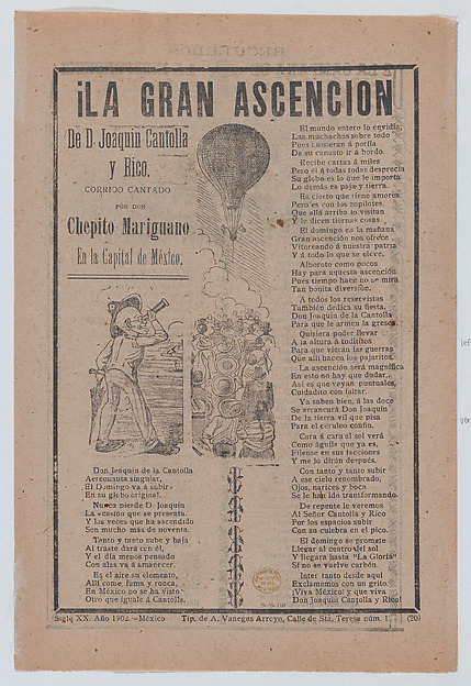 Broadsheet relating to the adventures of Don Joaquin Cantolla y Rico who travels in a hot air balloon, crowd of people watching him ascend