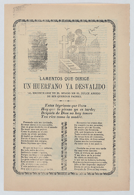 Broadsheet relating to the plight of an orphan, young boy standing at the graves of his parents in a cemetery