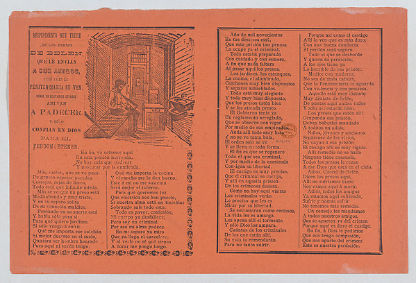 Broadsheet relating to life in prison, a man in his jail cell