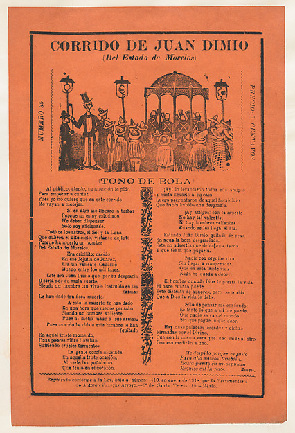 Broadsheet relating to the death of Juan Dimio, crowd of people gathered around a gazebo while a man wearing a top hat looks out toward viewer
