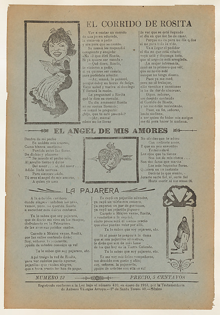 Broadsheet featuring three love ballads with vignettes showing a woman reading, a woman's head in a heart pierced by an arrow and a woman walking