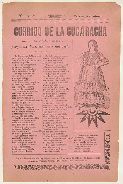 Broadsheet relating to a ballad about camp life hardships for women, woman wearing a dress with her hands on her hips