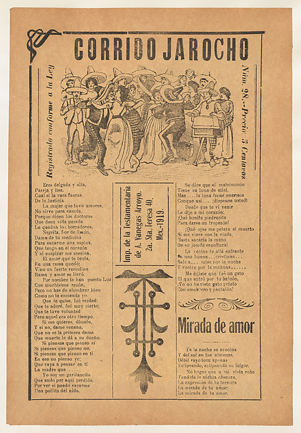 Broadsheet featuring two corrido narrative love ballads, multiple couples dancing