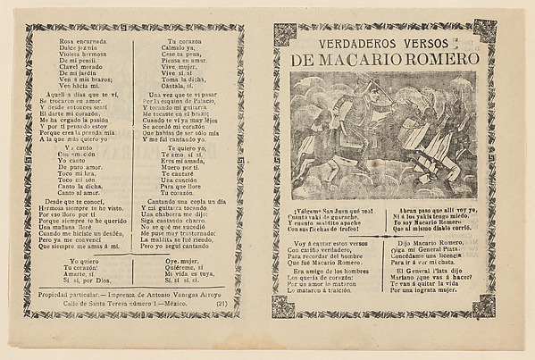 Broadside with verses regarding the military leader Macario Romero, who is shown on horseback riding alongside Indians