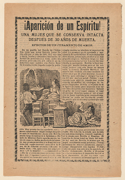 Broadside relating to a news story about an apparition of a spirit, women sitting up in bed looking at a ghost