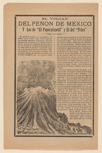 Broadside relating to a news story about the destruction following a volcanic eruption, volcano erupting while animals and men on horseback flee
