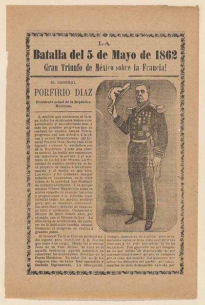 Broadside relating to a news story about the Mexican victory over the French army on May 5, 1862, General Porfirio Diaz in military regalia holding a hat