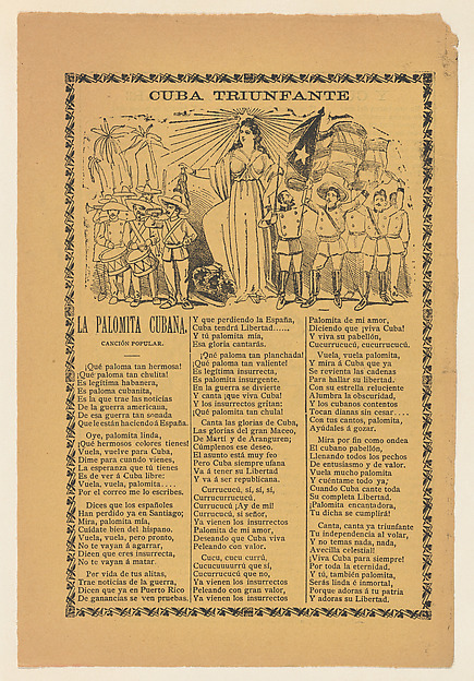 Broadside celebrating Cuba's victory over Spain in the Spanish American War, soldiers holding the Cuban flag and flanking the alleogorical figure of Cuba