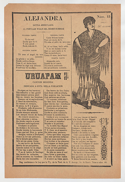 Broadsheet with two love ballads about desirable women, woman wearing a shawl and a skirt with her hands placed on her hips