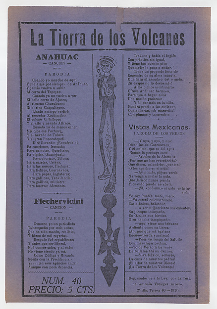 Broadsheet with comic ballads about Mexico, figure with long legs playing the guitar