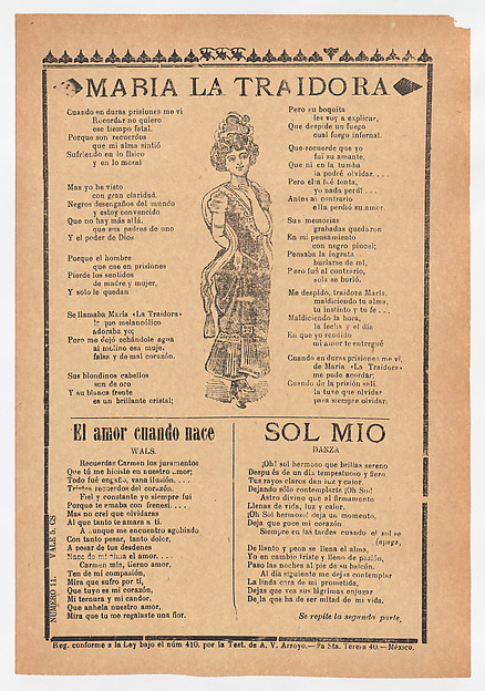 Broadsheet with three ballads about love, a woman wearing a dress and hat placing one hand to her chest and the other behind her back