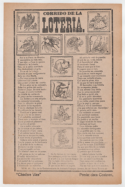 Broadsheet with a ballad about bingo, illustrations of different animals and people