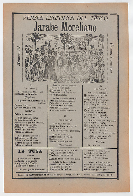 Broadsheet with songs for a Mexican courtship dance called the 'Jarabe Moreliano', a crowd of people and muscians