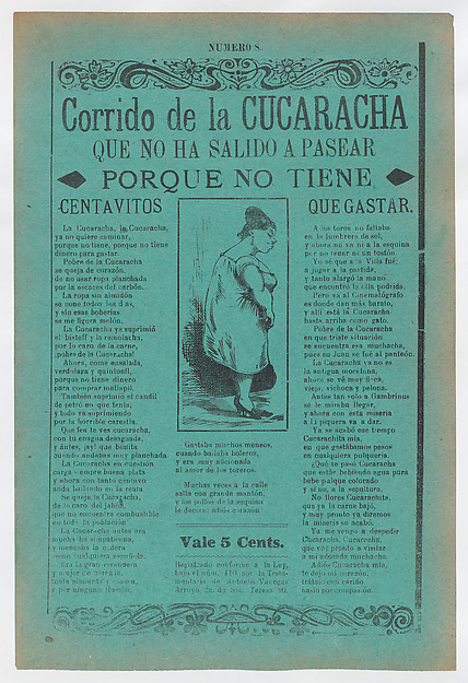 Broadsheet with a ballad about camp life hardships for women, profile of a woman looking downcast wearing a slip and heels