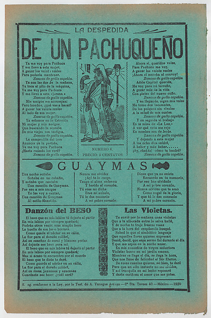 Broadsheet with love songs, man wearing a sarape standing in the street