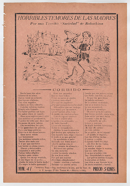 Broadsheet relating to a fear of kidnappers, a kidnapper grabbing a child in a field while a horse carriage waits in the background