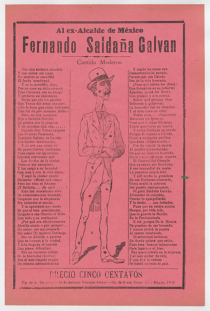 Broadsheet relating to the ex mayor of Mexico, Fernando Saldaña Galvan, who is standing in the center covered in holes